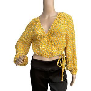 Rhode X Target Yellow Floral Long Sleeves V-Neck Wrap Cropped Top Size M